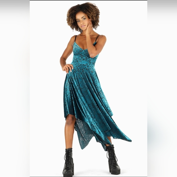 Blackmilk Dresses & Skirts - Blackmilk Teal Velvet Lace Asymmetrical Dress